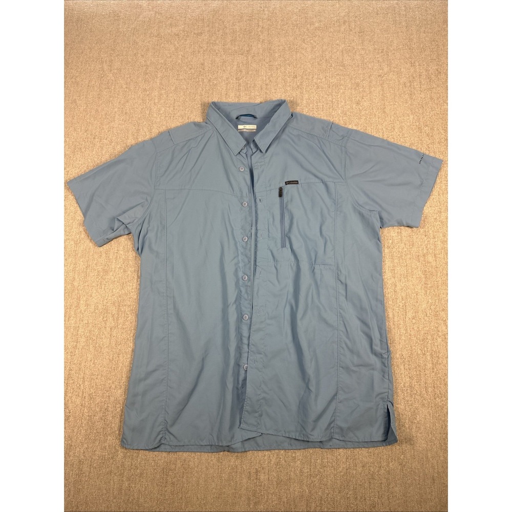 Columbia Button Up Shirt Men Large Blue Omni-Shade Vented Short Sleeve